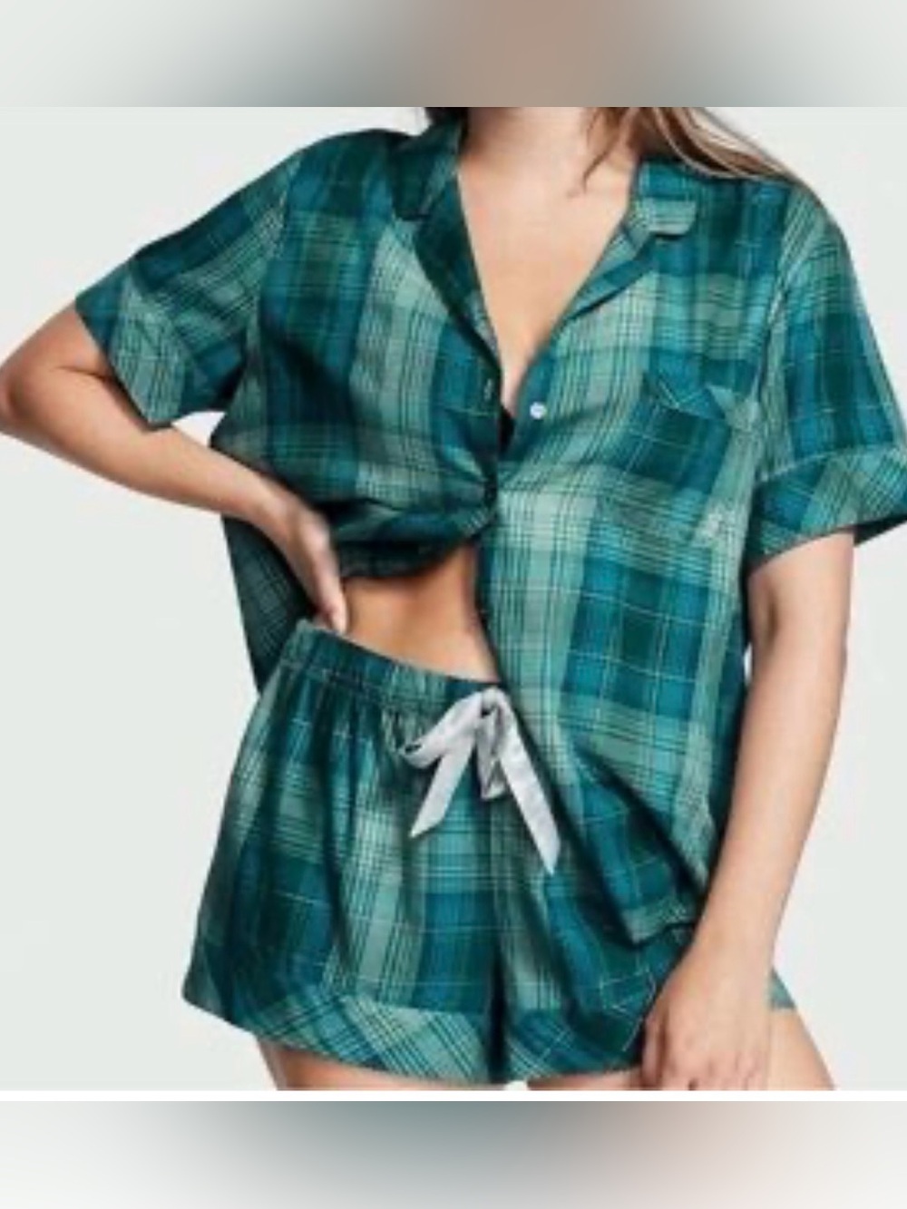 Victoria's Secret Teal Plaid Short Pajama Set lightweight comfy cozy flannel